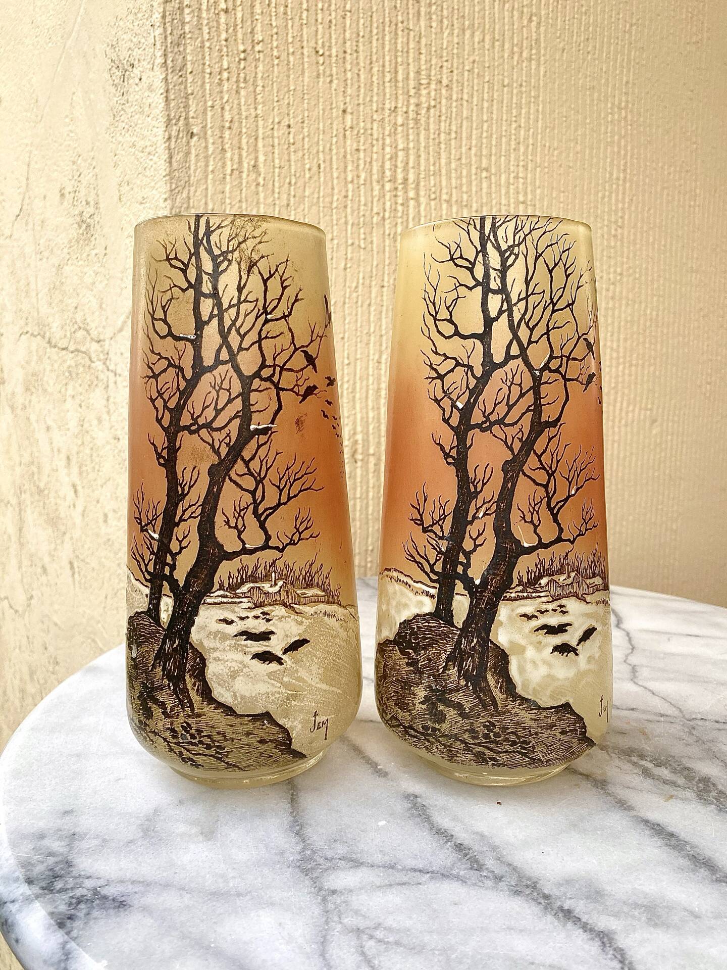 Pair of enamelled glass vases signed JEM