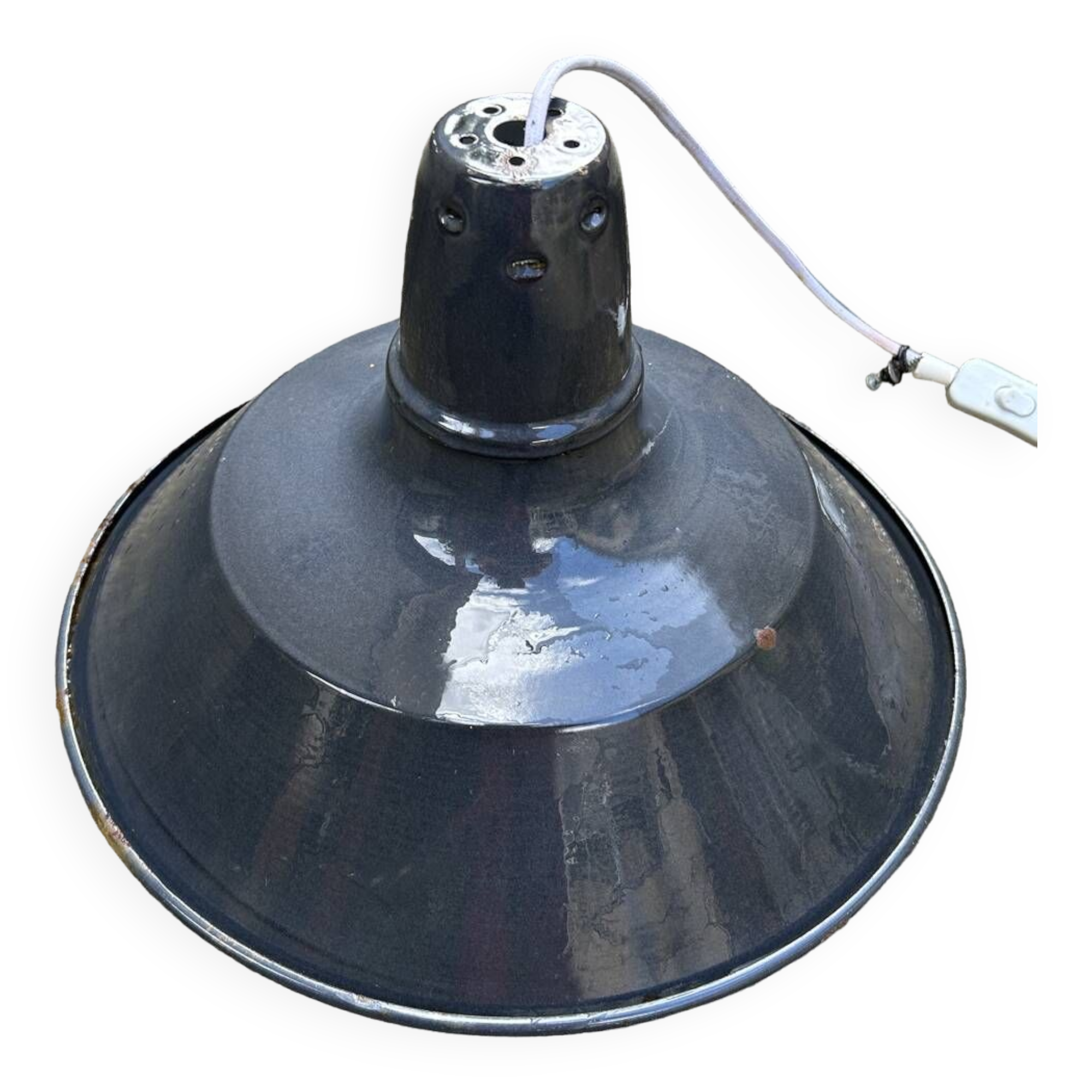 Industrial enameled pendant light, gray blue, vintage.