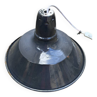 Industrial enameled pendant light, gray blue, vintage.
