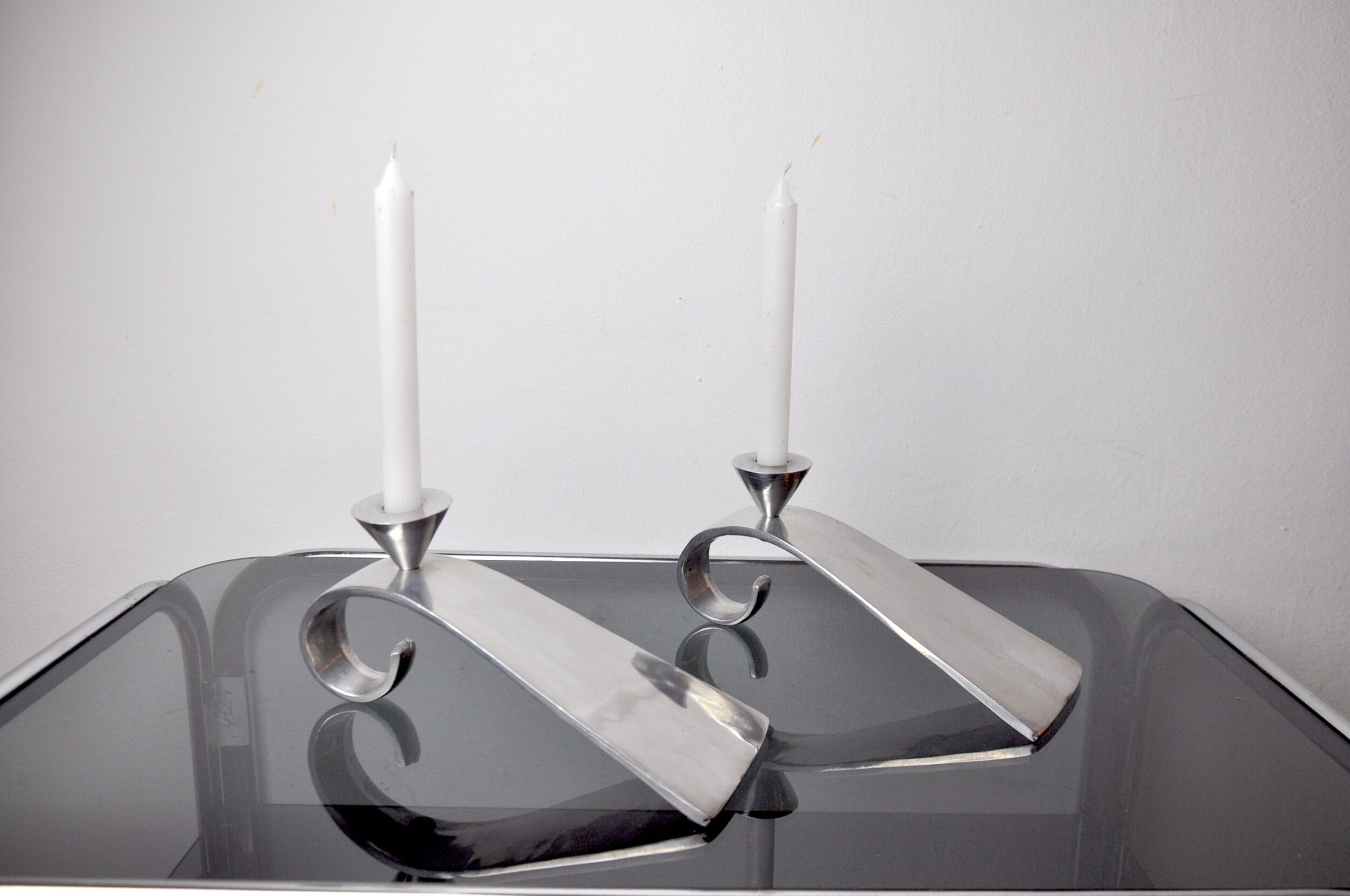 Pair of comma candlesticks by matthew hilton, England, 1980