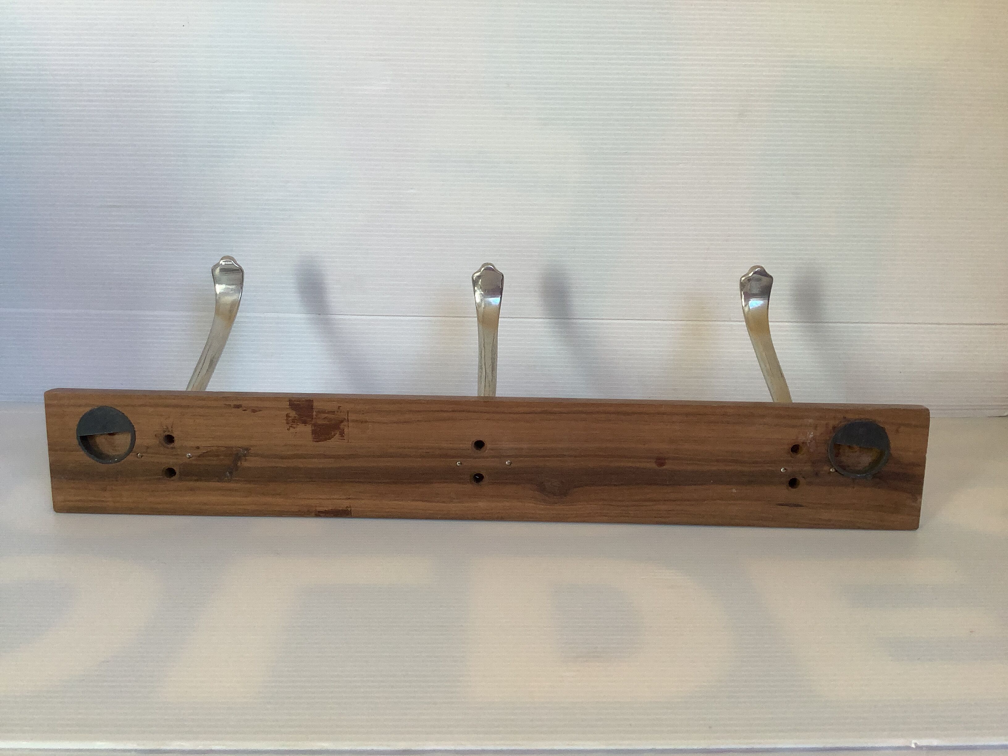 Old coat rack wood aluminum 3 hooks