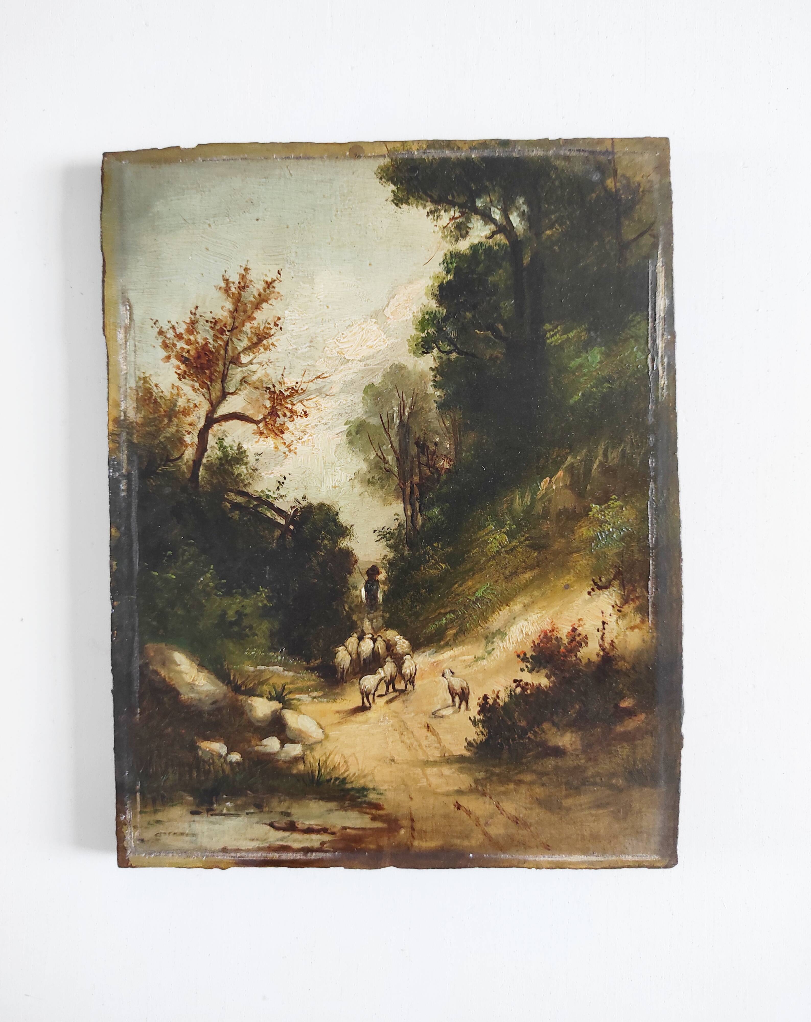 Shepherd with his sheep oil on panel 19th century