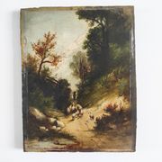 Huile sur panneau "Berger avec ses moutons", XIXème s.