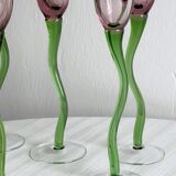 Set of 6 blown glass champagne glasses, green twisted feet