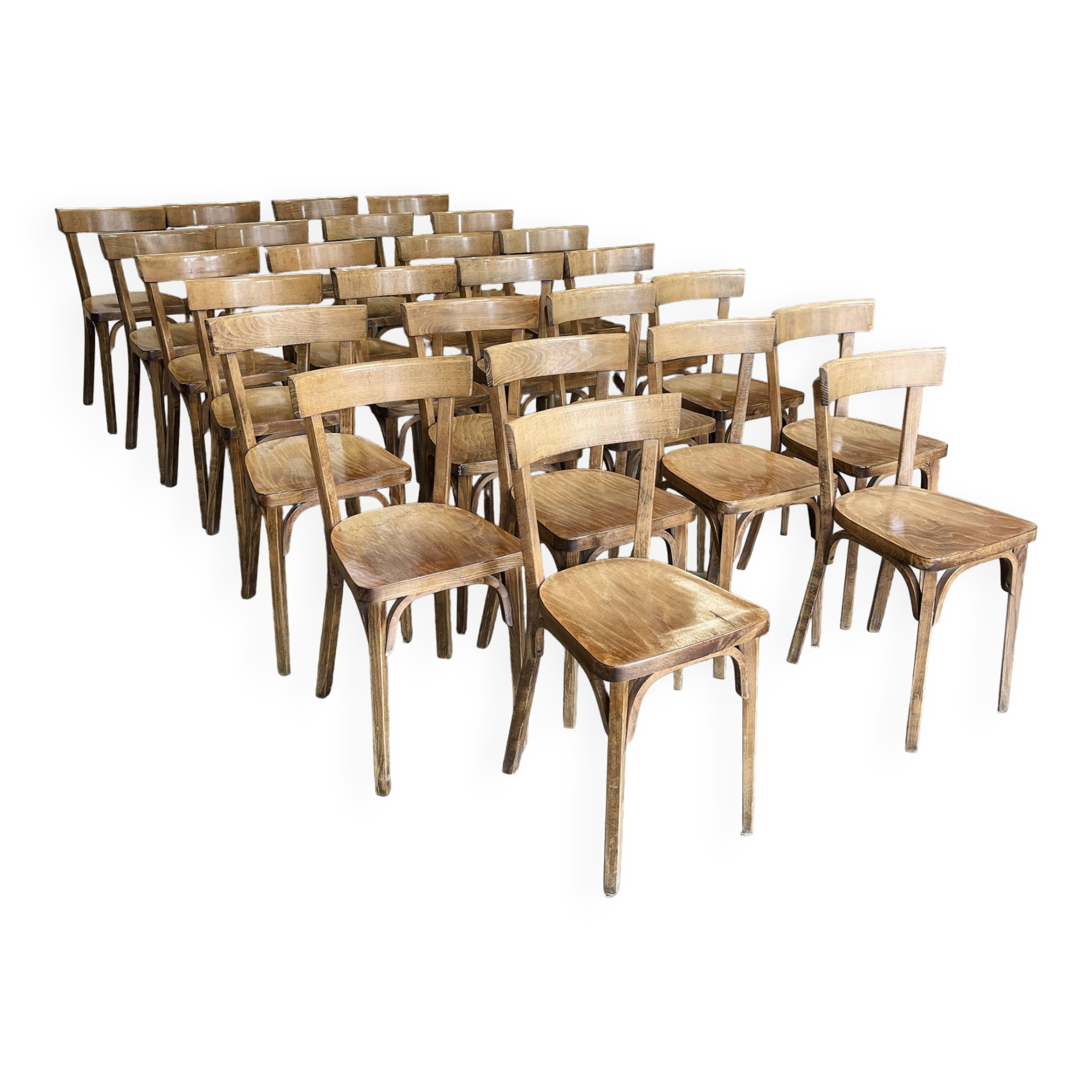 Set of 26 Baumann wooden bistro chairs from the 1950s France