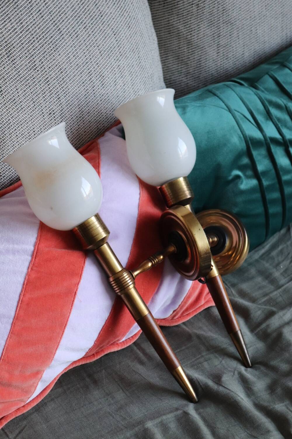 Pair of vintage Lunel house wood and brass wall lights