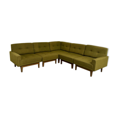 Ancien canapé d’angle modulable design scandinave en tissu vert 1960