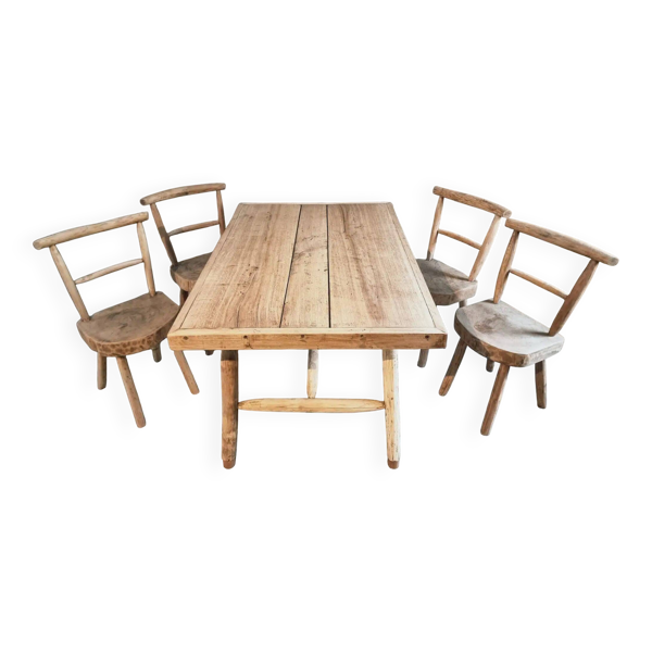 Ensemble de salle à manger rustique fait main avec table en chêne et frêne et 4 chaises, années 1960