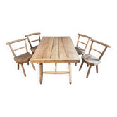 Rustic handmade dining set with oak and ash table and 4 chairs, 1960s