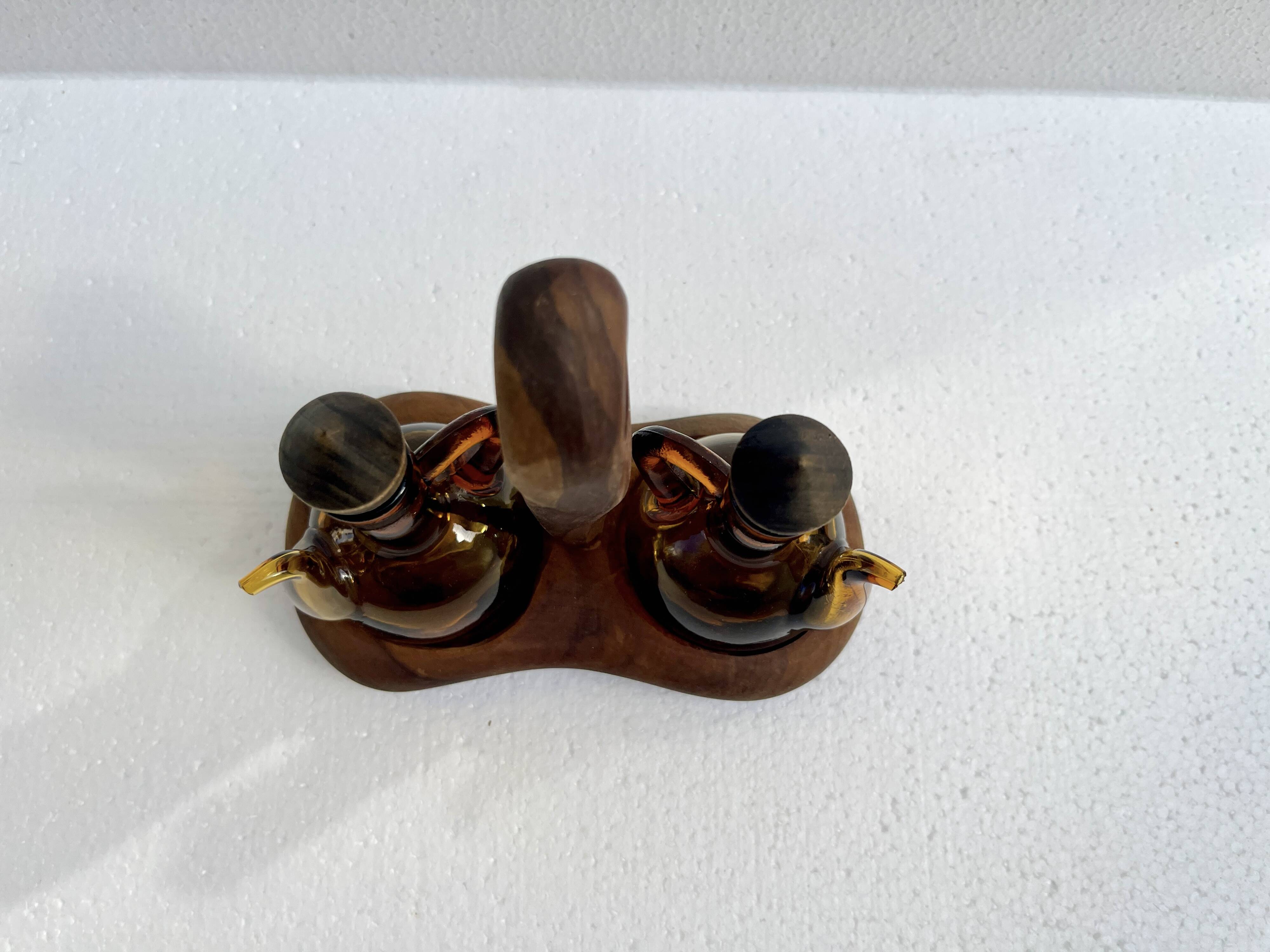 Oil and vinegar server amber glass and olive wood