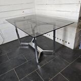 Vintage chrome metal table with smoked glass top