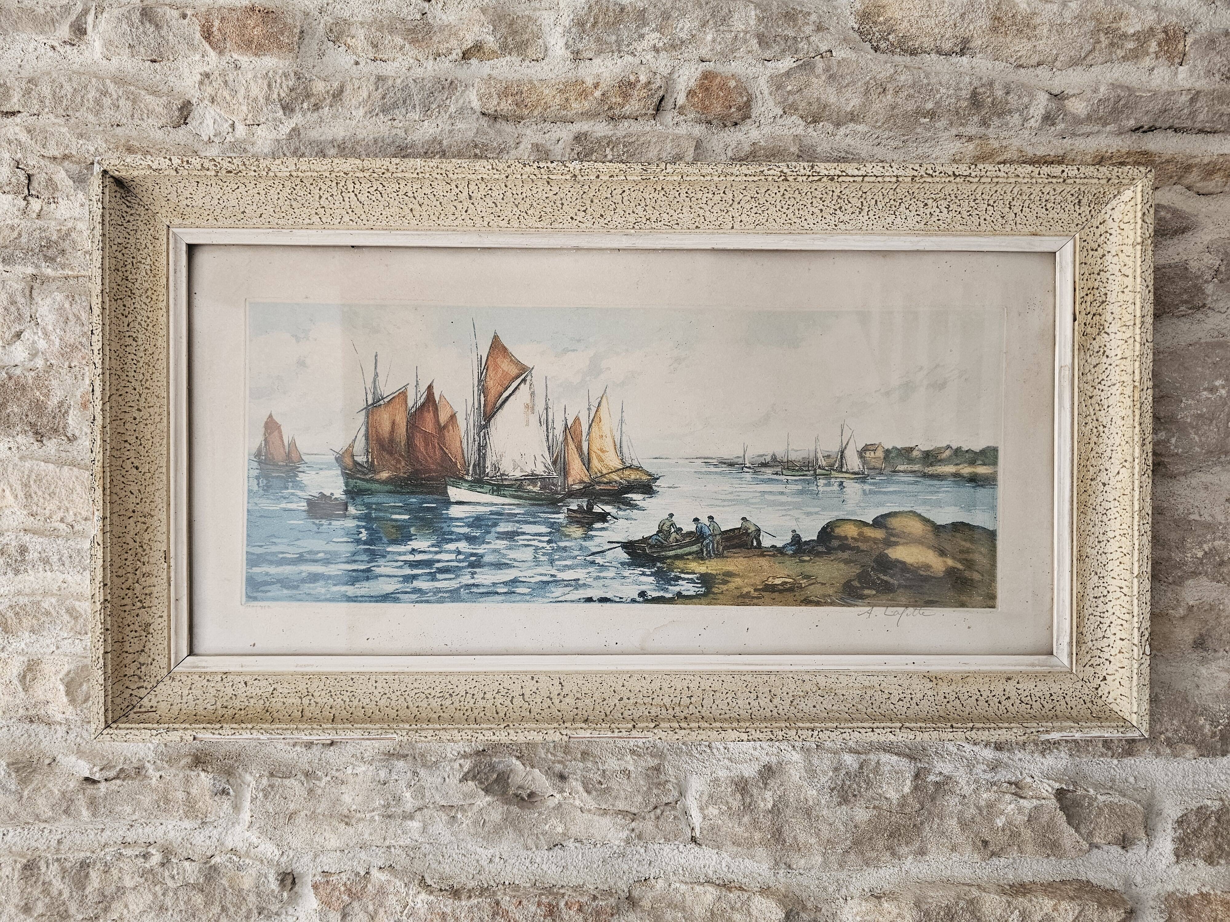 Lithograph Table - Marine Sailing Boats Brittany - Alphonse Lafitte (1872 -