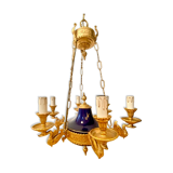 Lustre à 6 bras de lumière en bronze doré de style Empire français, en porcelaine bleu cobalt