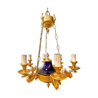 French Empire Style ormolu 6 arm chandelier with cobalt blue porcelain