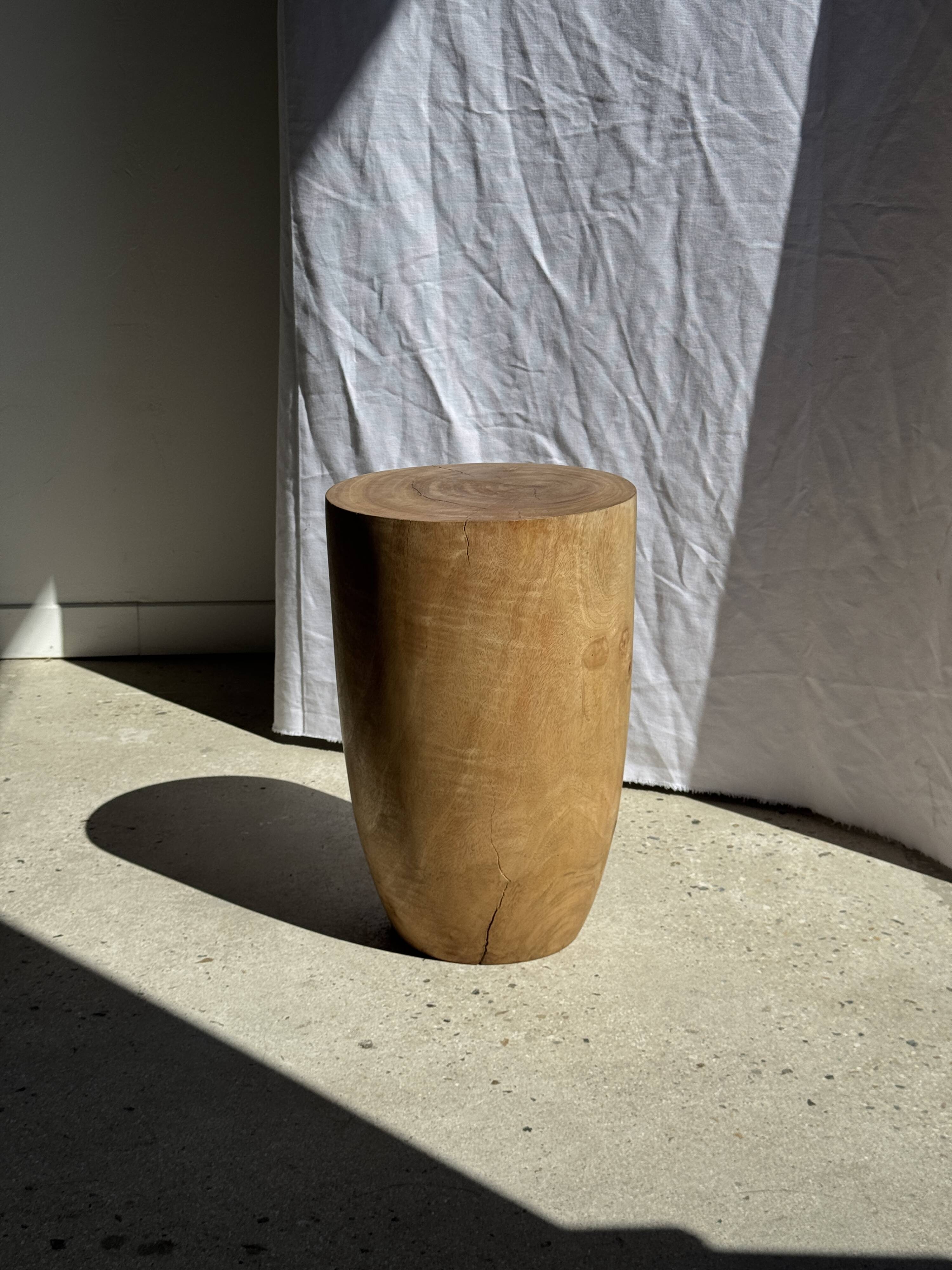 Stool, side table, cylindrical solid mango wood end table.