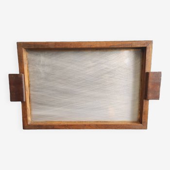 French vintage tray from the 50s, oak and glass