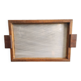 Plateau vintage français des années 50, chêne et verre