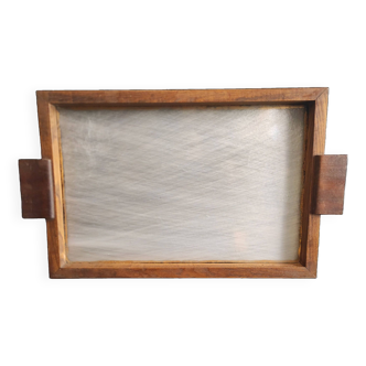 French vintage tray from the 50s, oak and glass