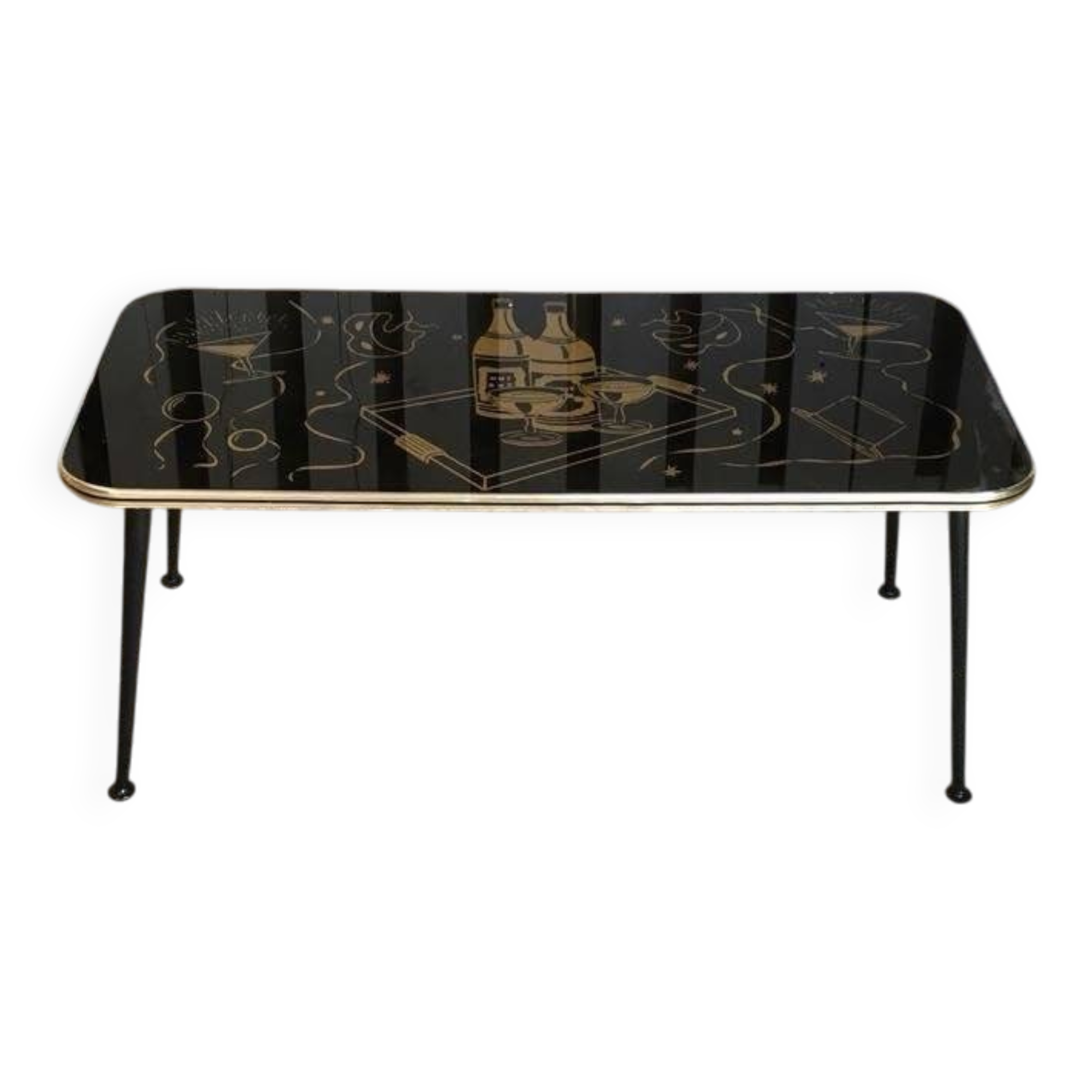 Vintage black and gold glass coffee table with conical legs from the 1940s.