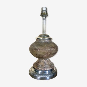 Pied de lampe grès métal argenté et câble tissu et interrupteur vintage