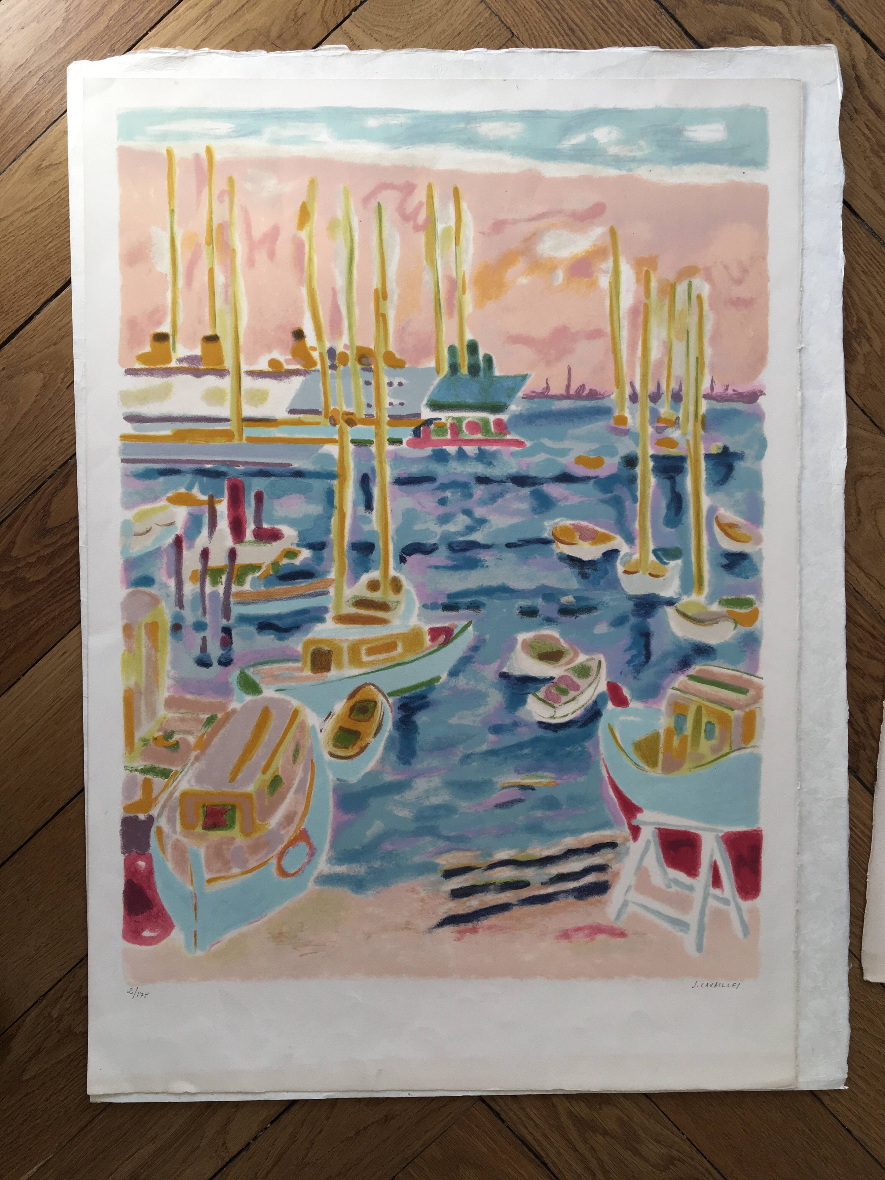 Lithograph of the port of Cannes by Jules Cavaillès.