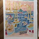 Lithograph of the port of Cannes by Jules Cavaillès.