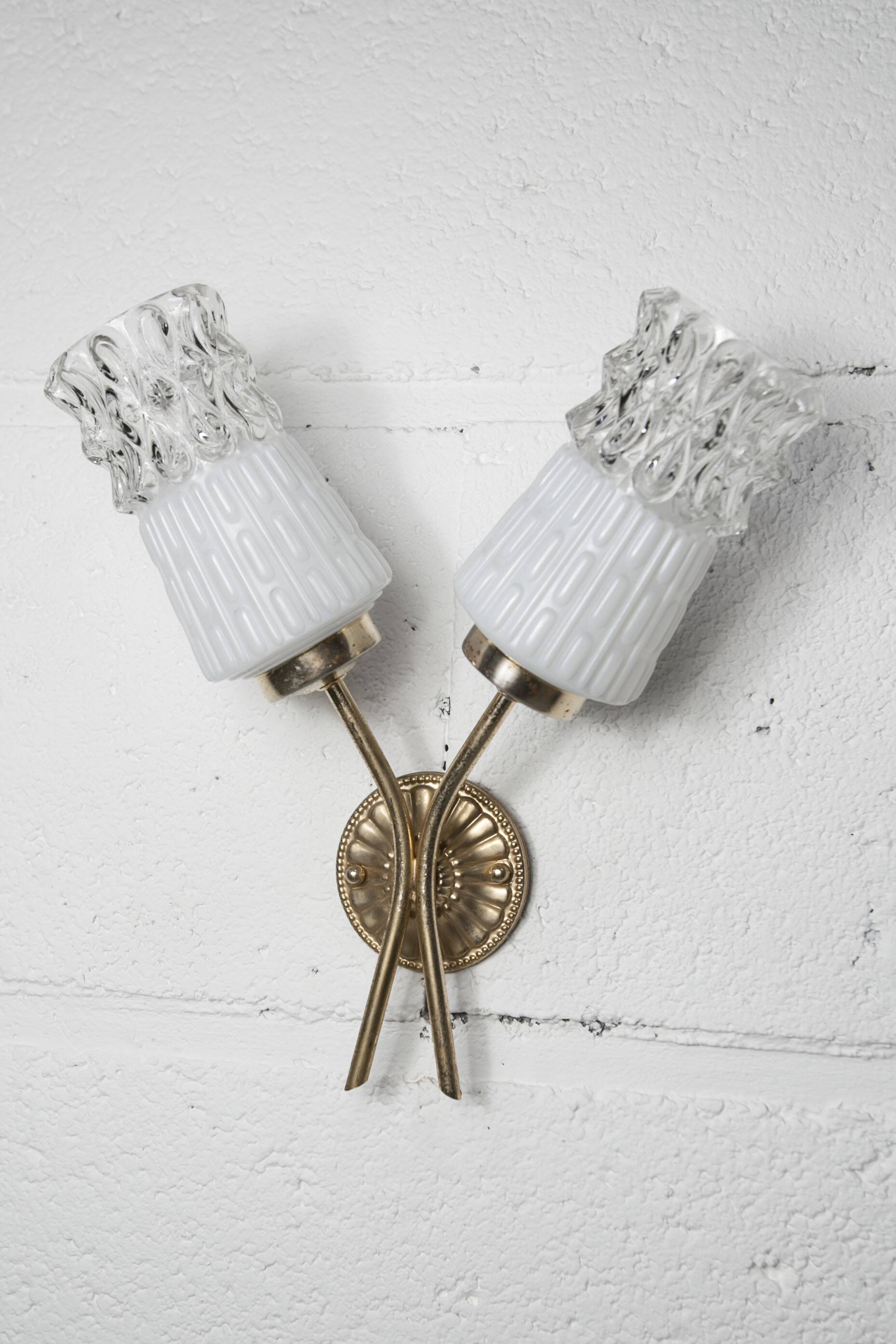 Pair of brass and glass wall lights 1960