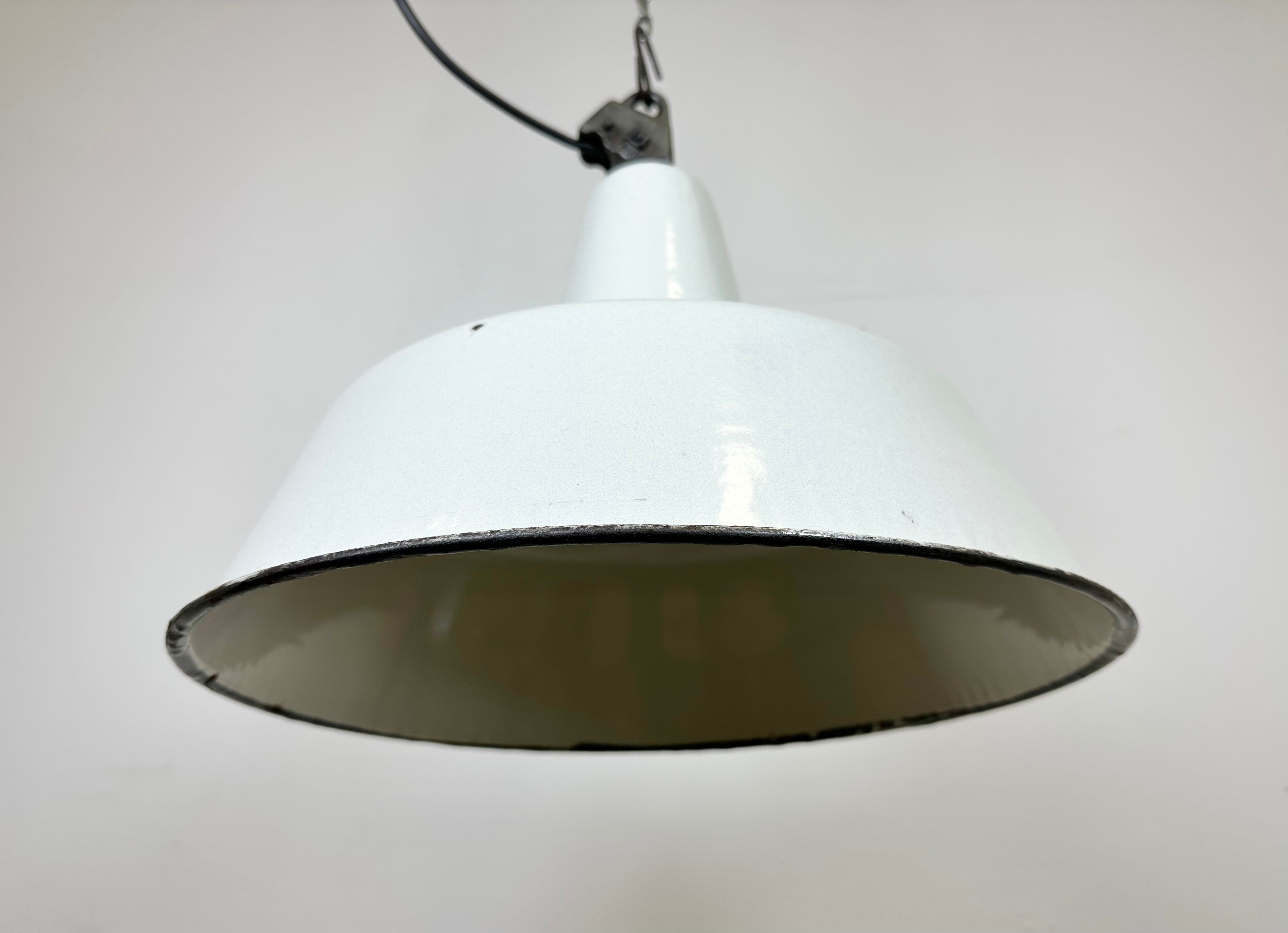 Industrial white enamel factory pendant lamp from zaos, 1960s