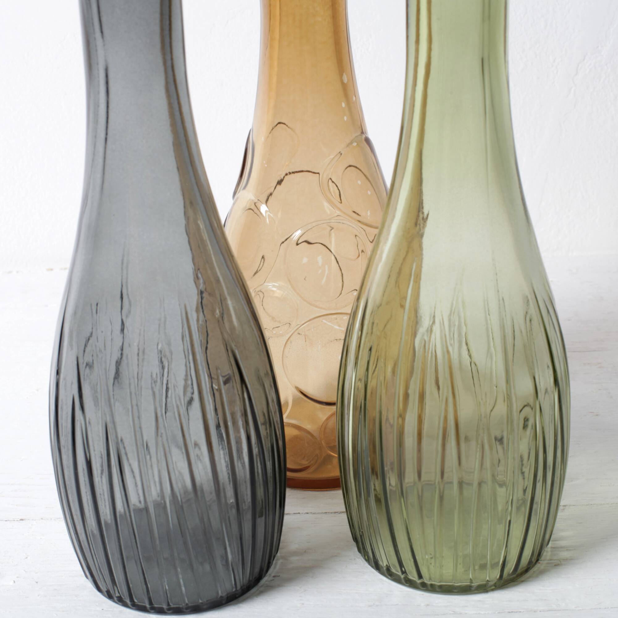 Set of 3 Grey, Green and Amber Glass Vases / Colored Bottles / Ikea / 2000s