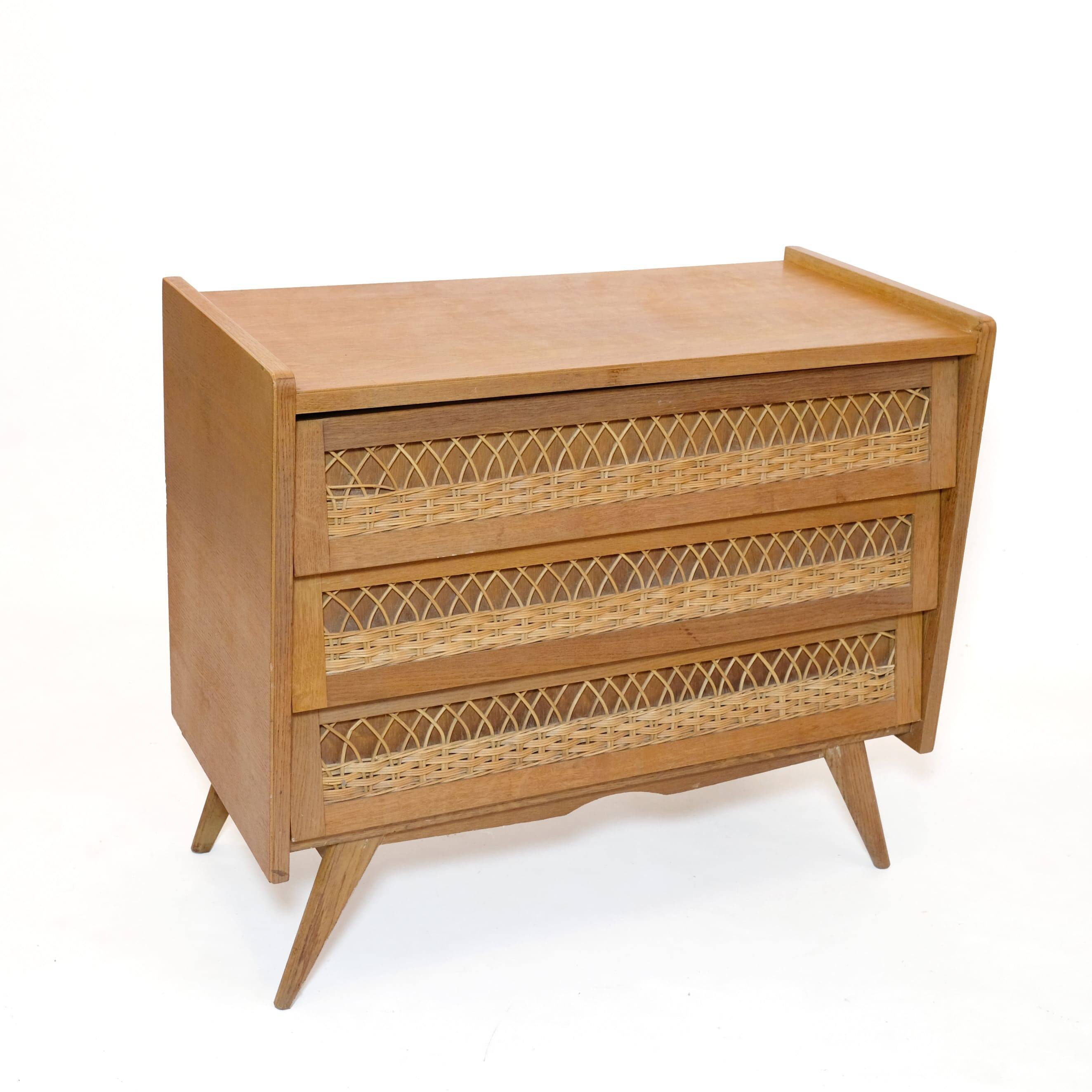 Wooden and rattan chest of drawers from the 60s.