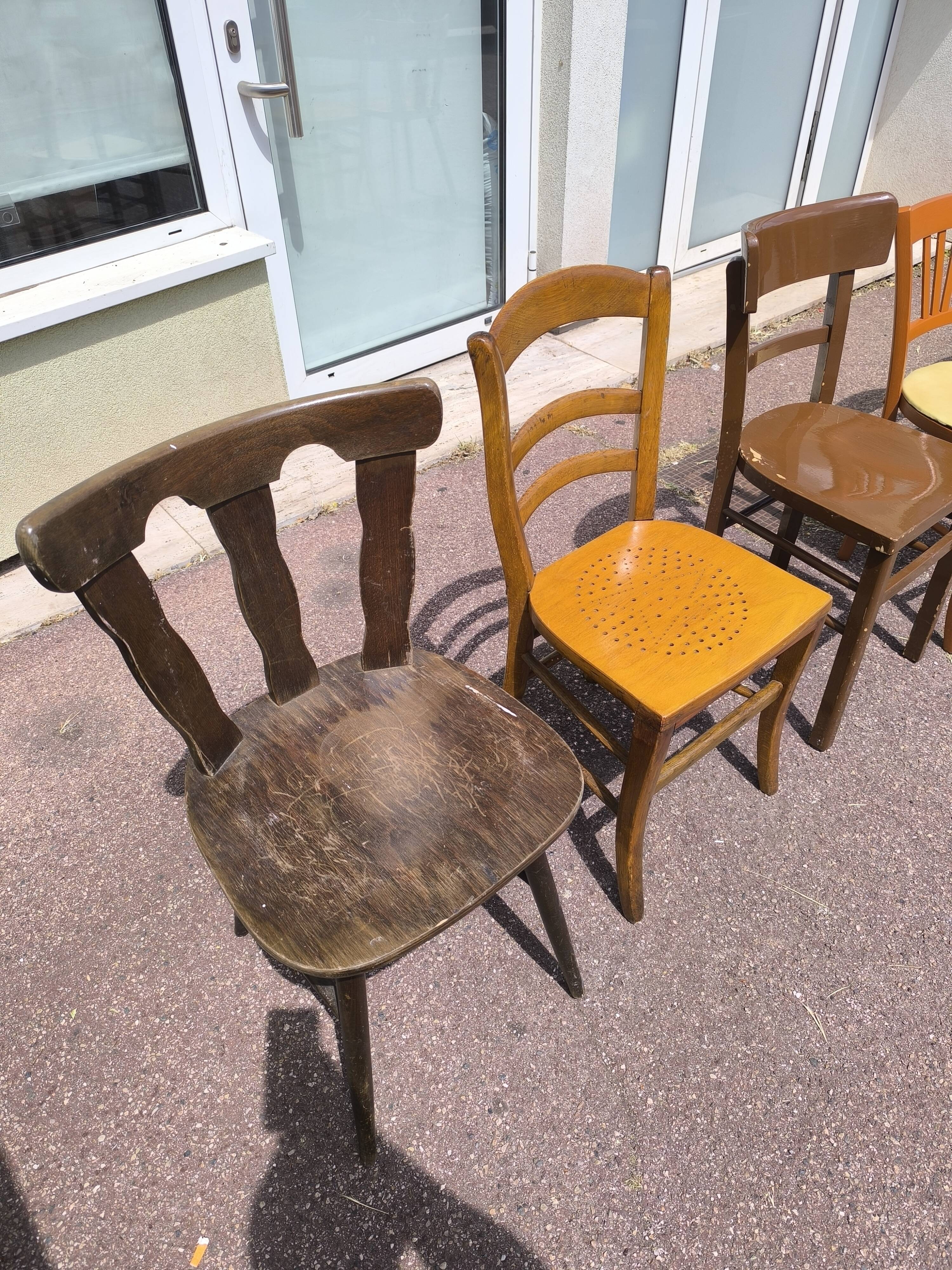 Set of 6 mismatched vintage wooden bistro chairs
