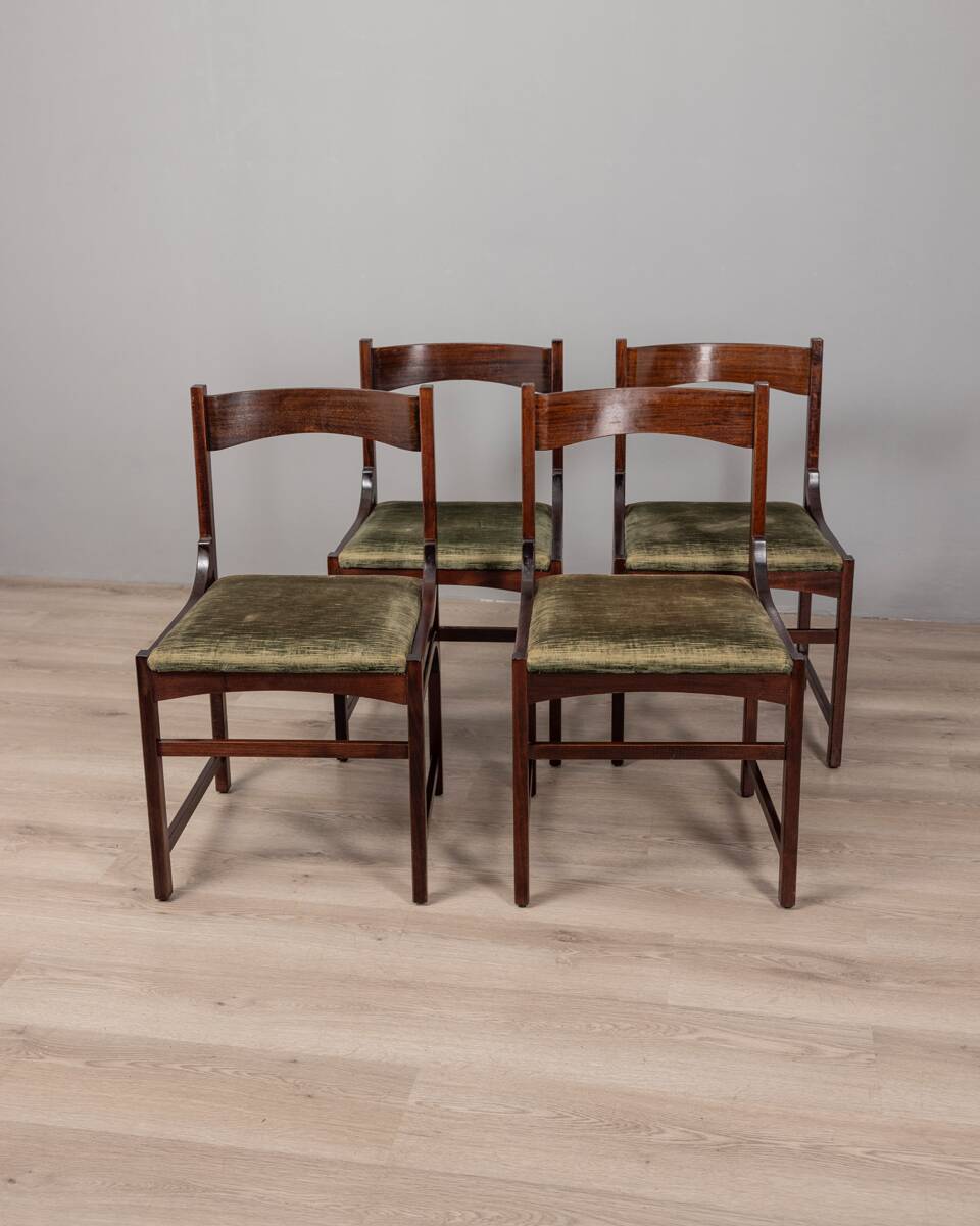 Lot de 4 chaises vintage années 60 en bois et velours vert design italien