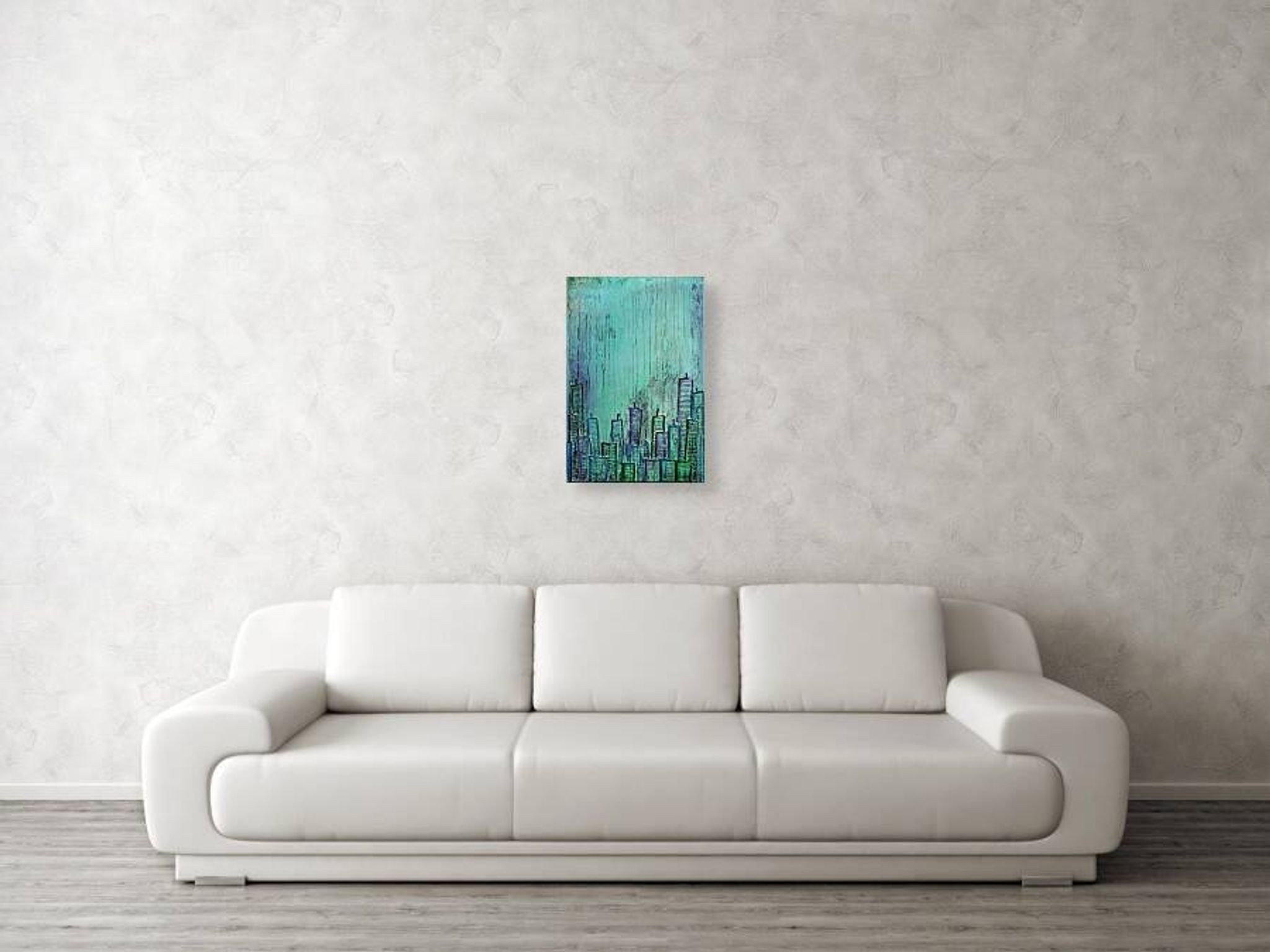 Contemporary paintig in teal, purple and green shades, acrylic on canvas