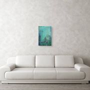 Contemporary paintig in teal, purple and green shades, acrylic on canvas