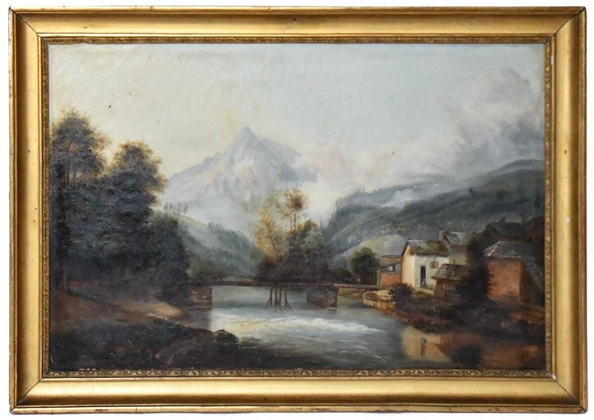 French school of the 19th century Oil on canvas House by the river