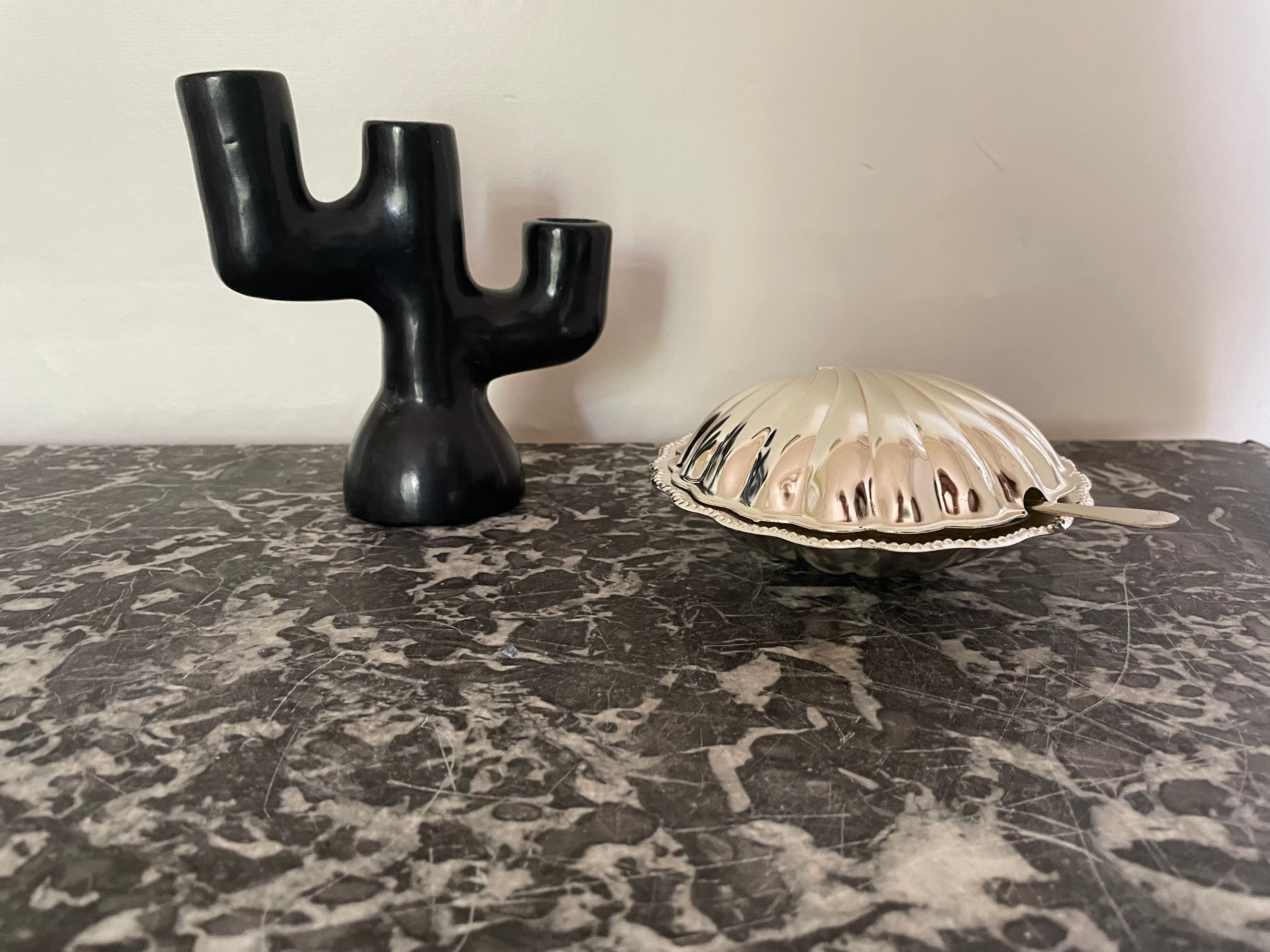Black clay candle holder