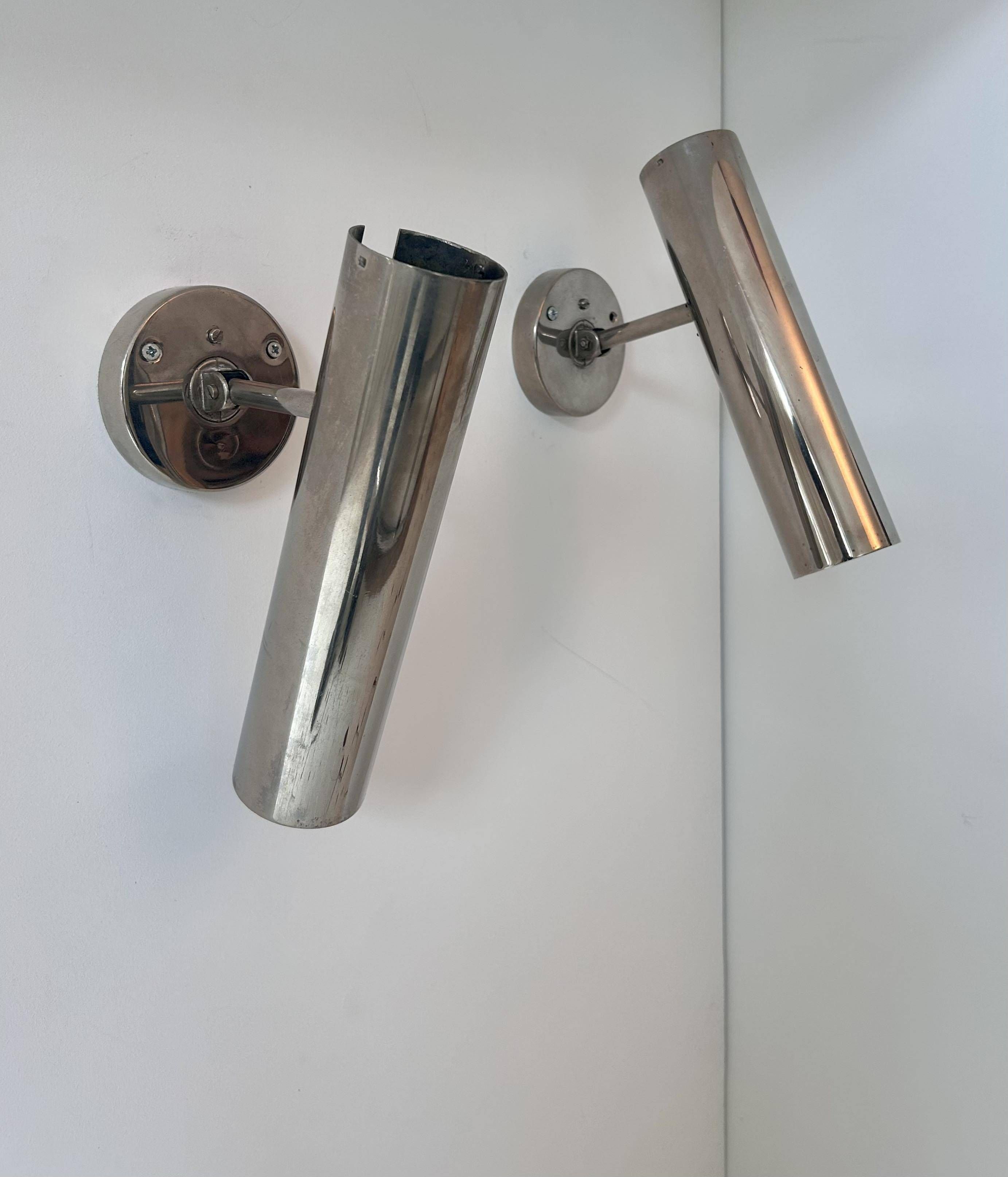 Pair of modernist adjustable wall lights, chrome metal, France 1960
