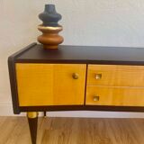 Vintage furniture revamped in navy blue, terracotta, and gold leaf – Reimagined mid-century style.