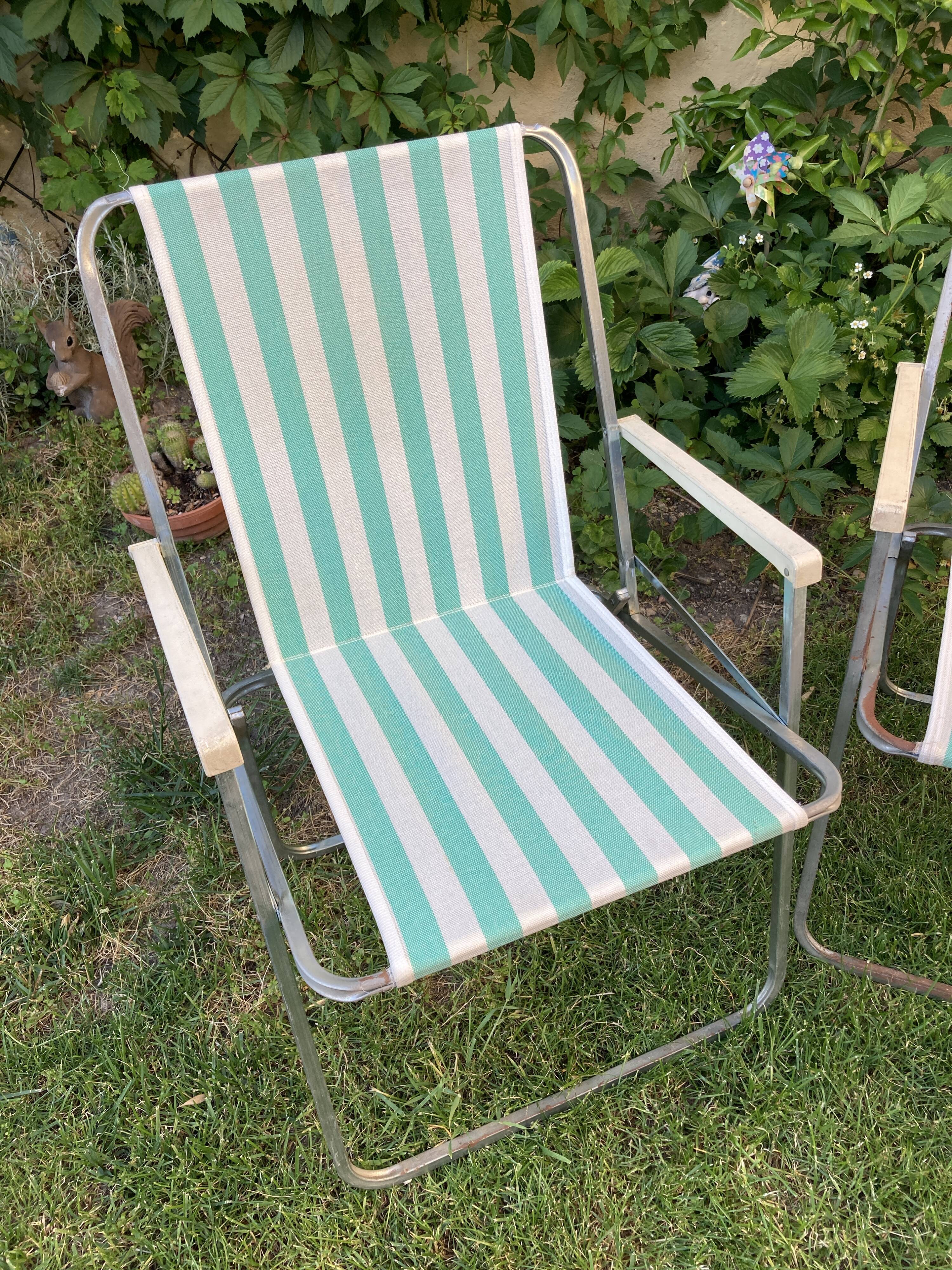 Pair of vintage camping chairs striped green and white