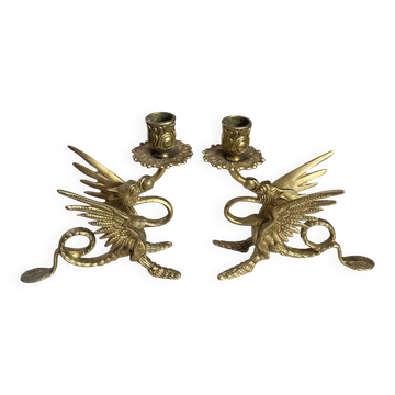Pair of bronze chimera candlesticks