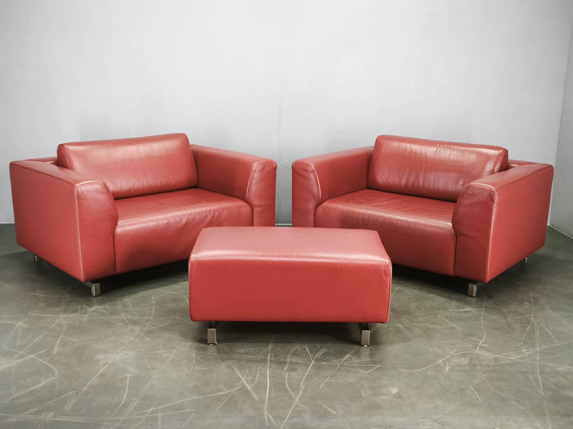 Wittmann Oversized Red Leather Lounge Armchairs and Ottoman, Austria
