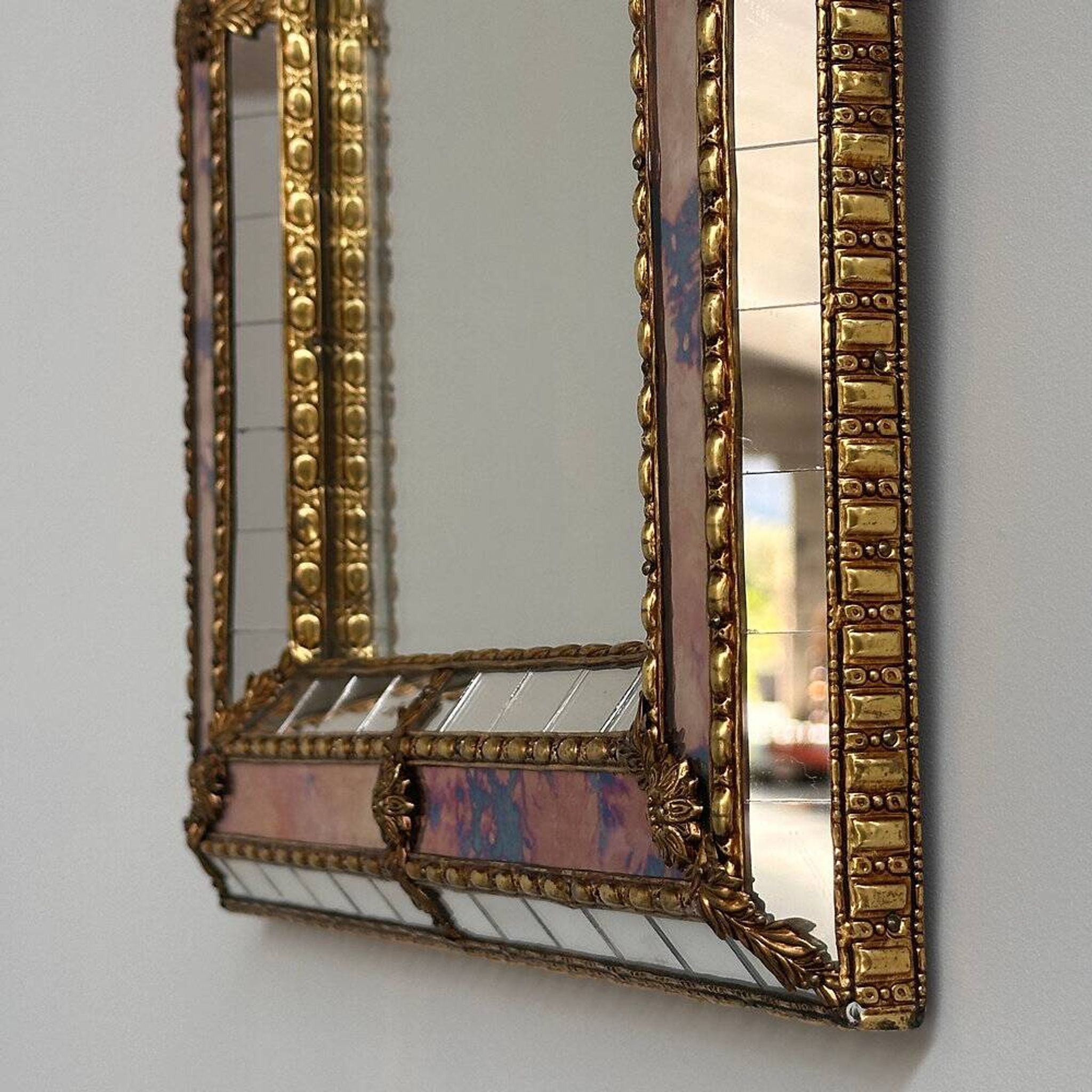 Small Spanish brass & mosaic mirror with stained pink glass, 1980s