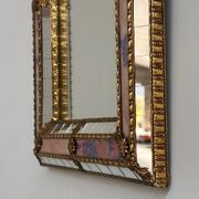 Small Spanish brass & mosaic mirror with stained pink glass, 1980s