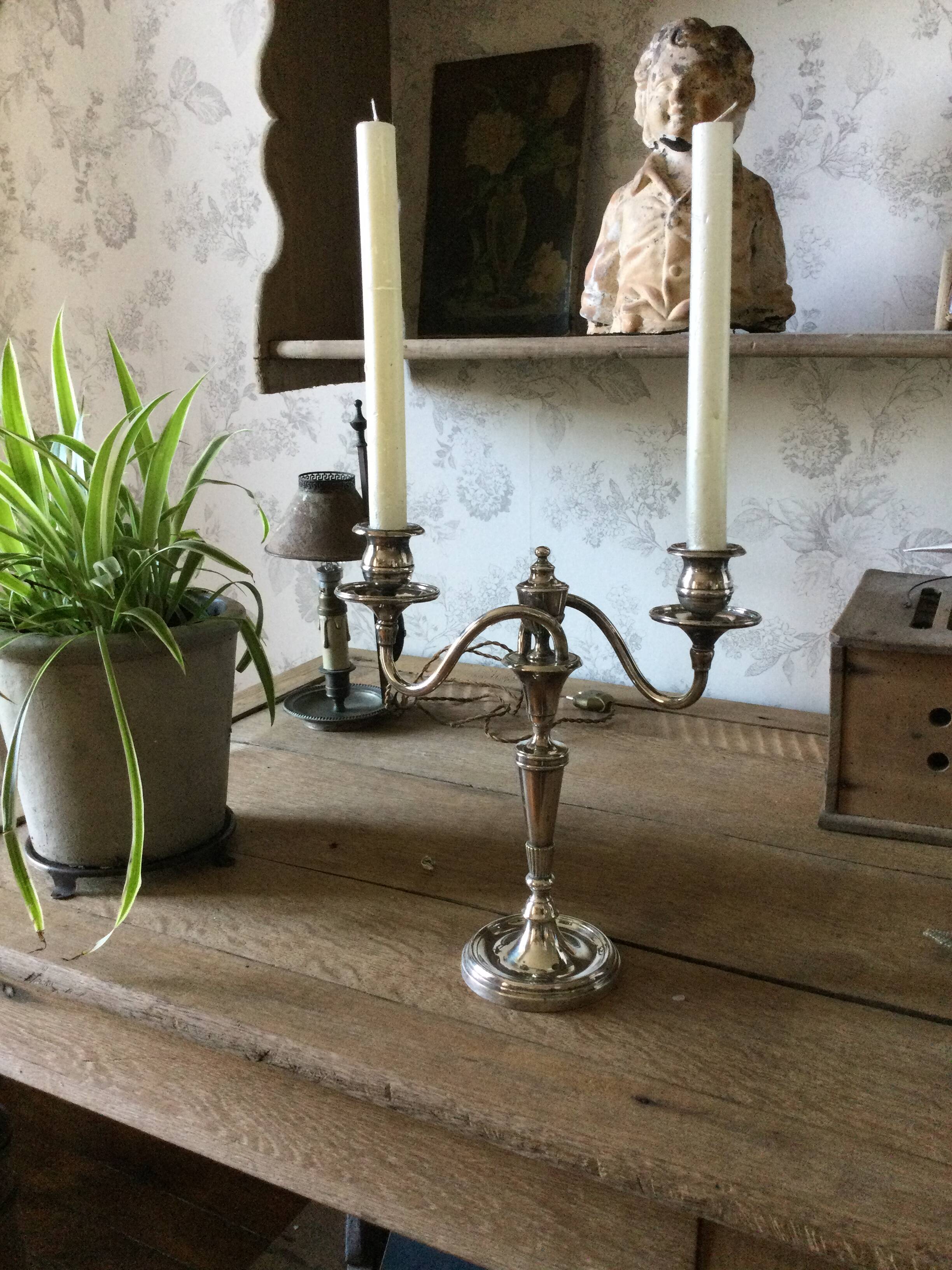 Antique silver metal candle holder 2 branches