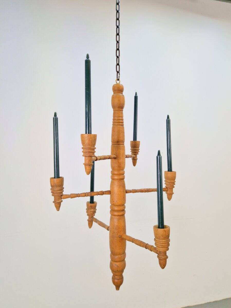 Brutalist Twisted Spool Candle Chandelier in Wood, 1960s