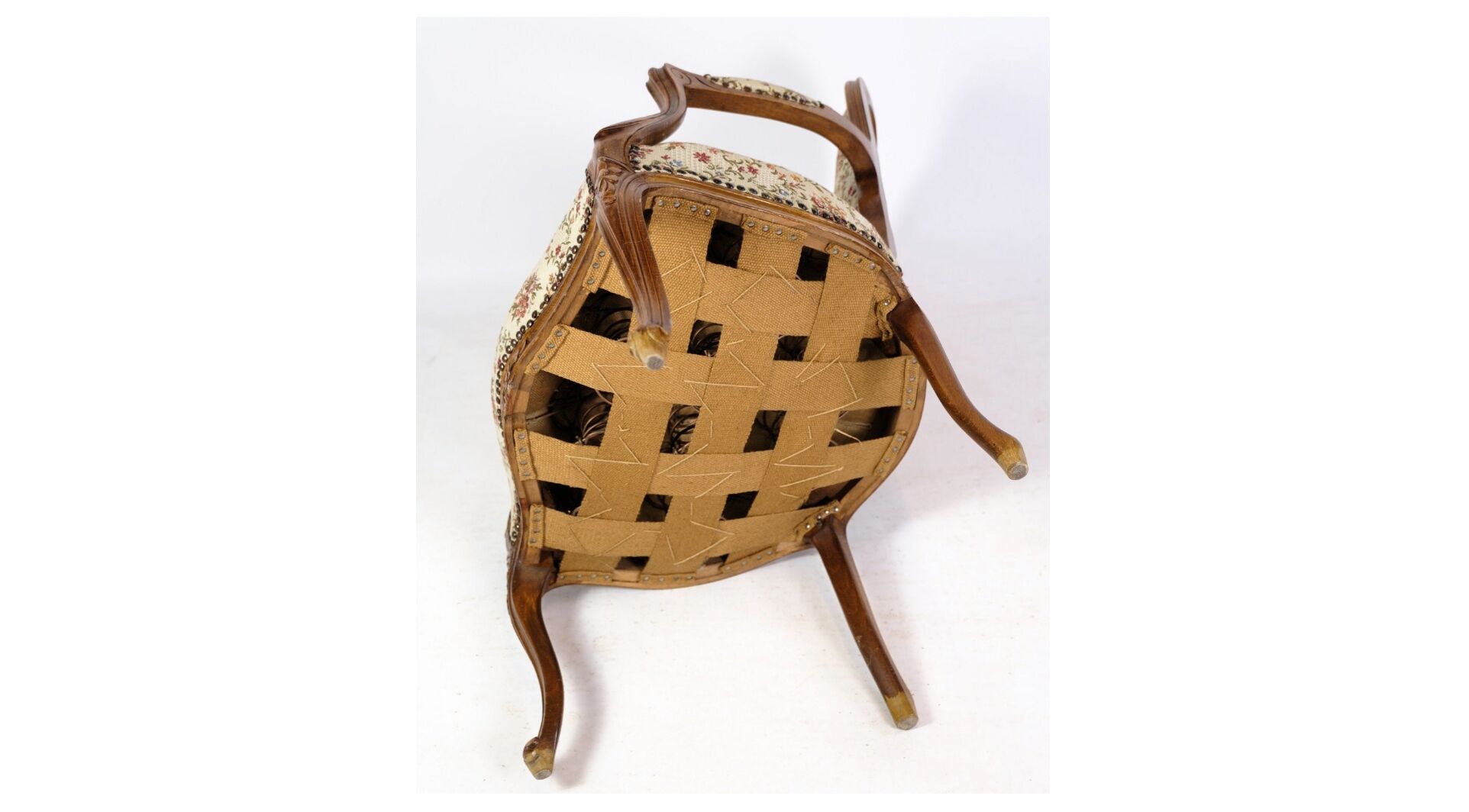 Pair of Neo-Rococo Armchairs with Decorated Fabric in Light Wood