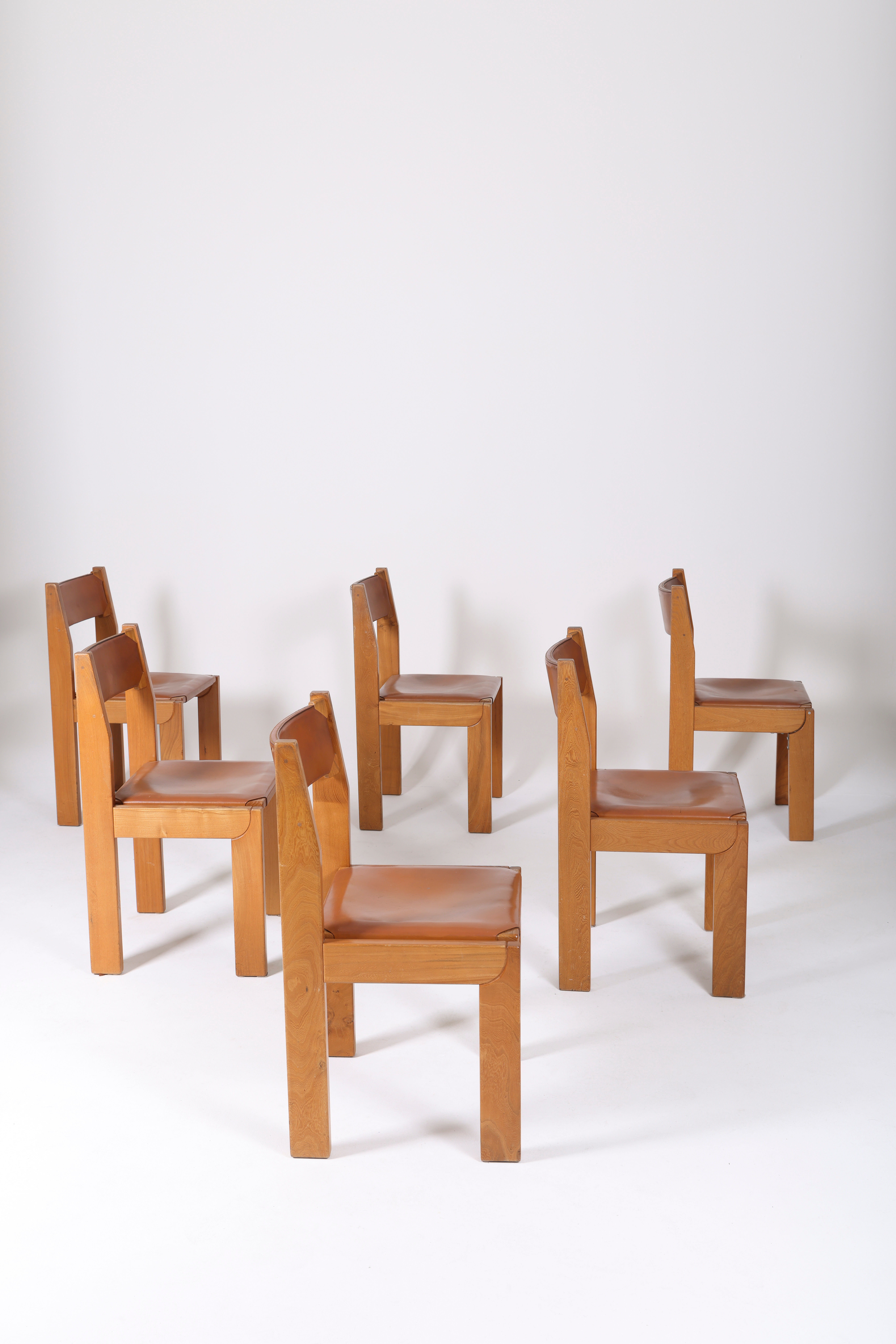 Chaises marron en cuir et bois, 1970s