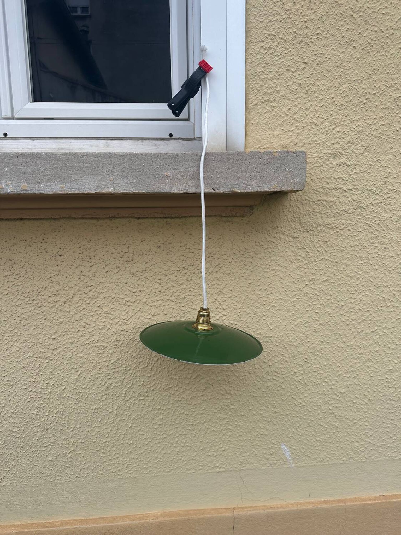 Vintage pendant light with green and white enamelled sheet metal lampshade and LED electricity