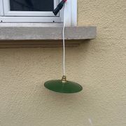 Vintage pendant light with green and white enamelled sheet metal lampshade and LED electricity