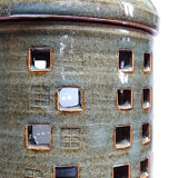 Vintage table lamp, glazed stoneware, perforated "Building" signed.